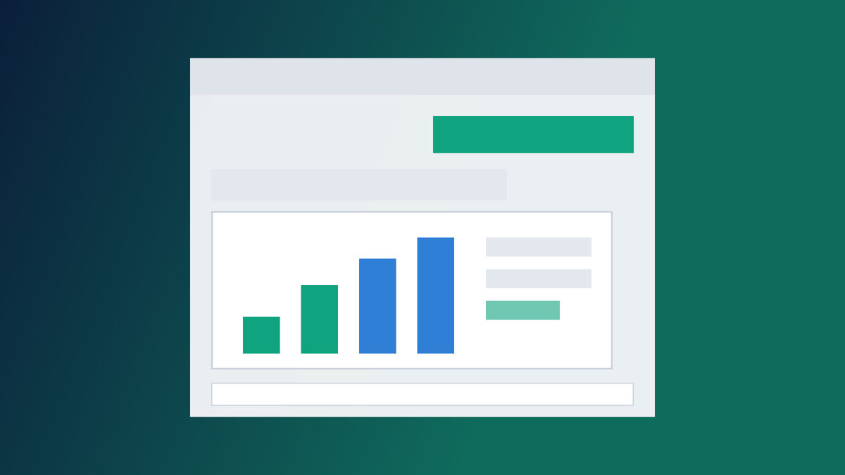 Illustration of a chatbot window showing a message bubble, an interactive bar chart and a text input box