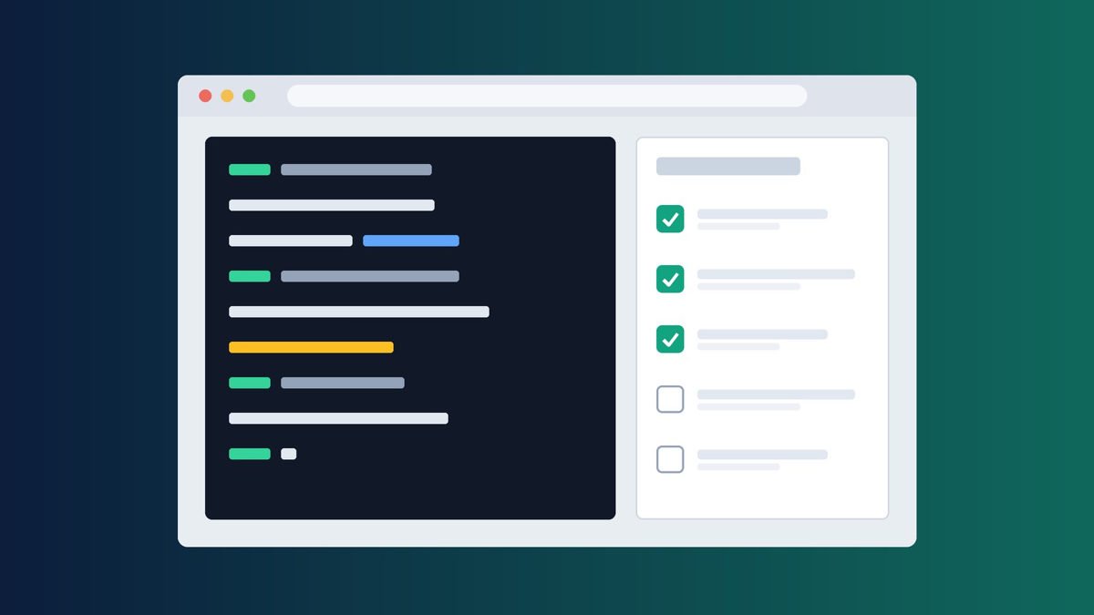 Illustration of a browser window with a dark terminal on the left and a lab task checklist with three ticked boxes on the right