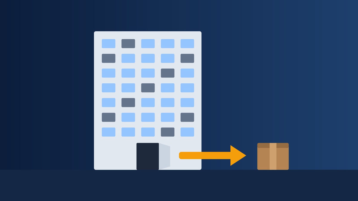 Illustration of an office tower with an open door, an orange arrow pointing out of the building and a cardboard box outside